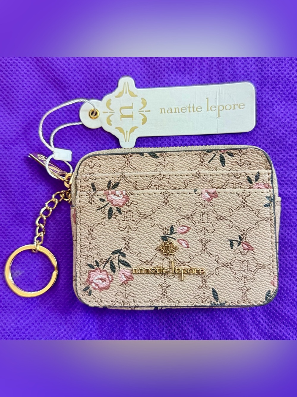 Nanette Lepore Pink Floral Beige Card Holder with Key Ring